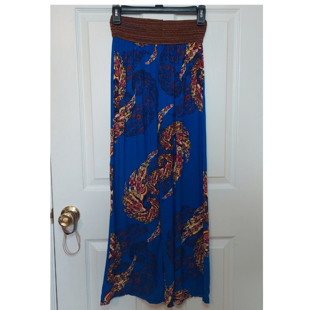 Cobalt Blue  Wide Leg Harem Pants Brown Elastic Waist Bohemian Palazzo Size S